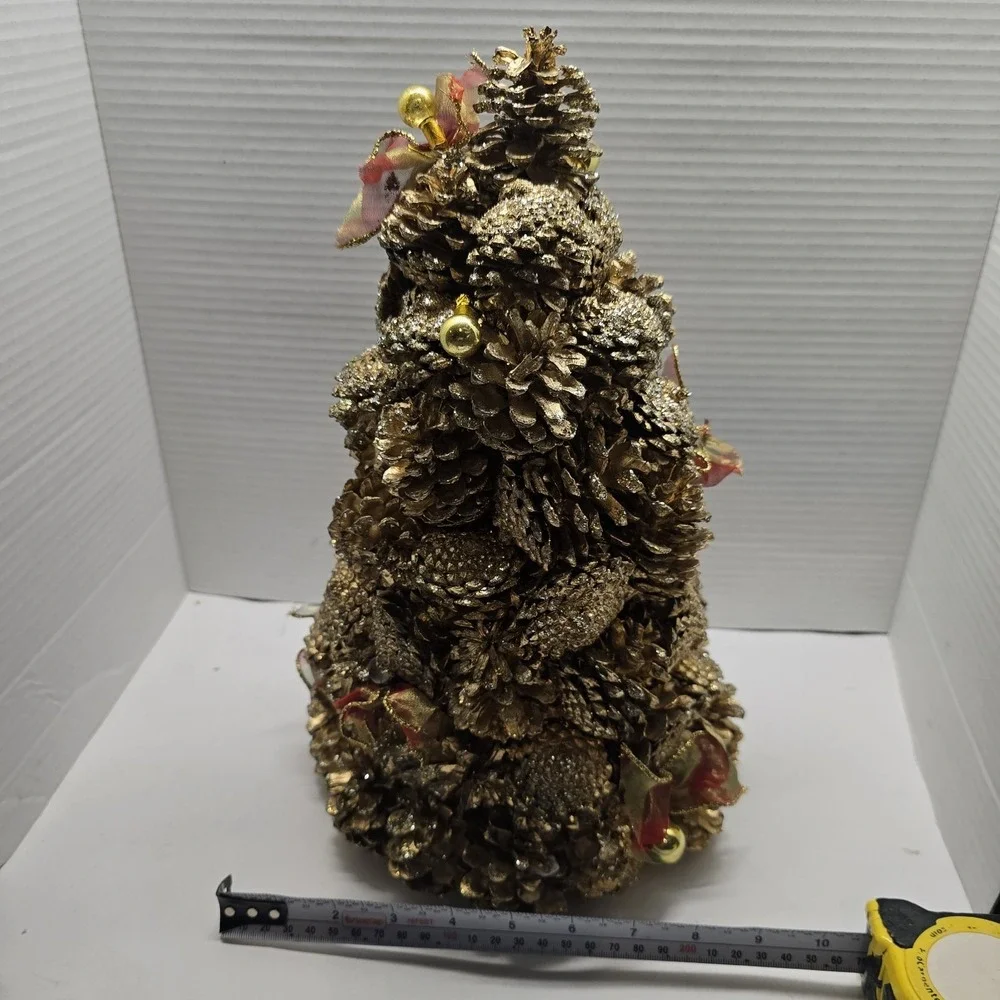 Vintage Gold-painted Tabletop‎ Pinecone Christmas Tree With Red Ribbon Accents